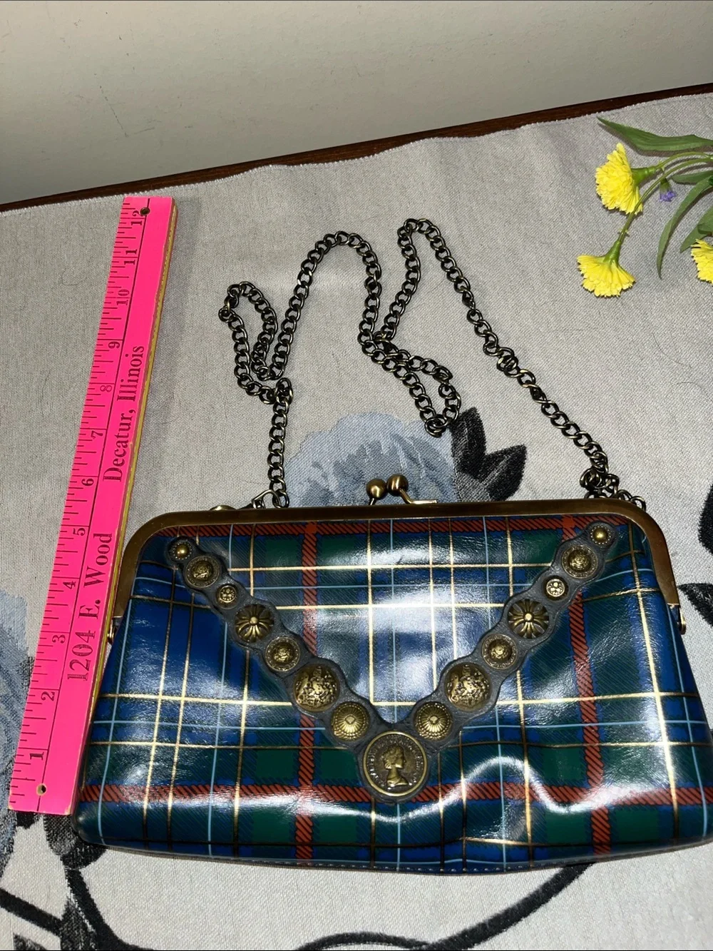 Patricia Nash Blue and Green Tartan Crossbody with Antique Coin Trim